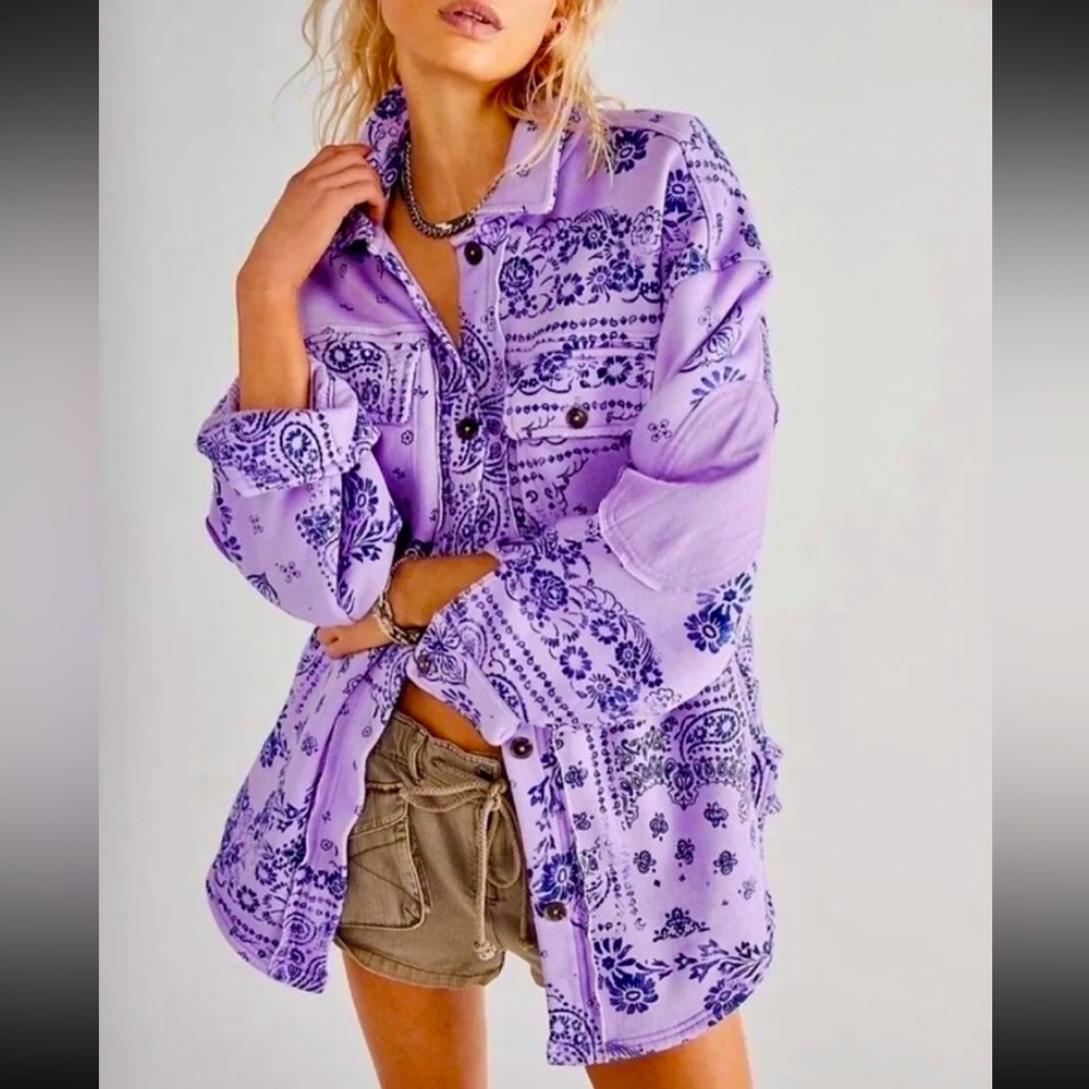 Free People Lavender Purple Bandana Print Shacket